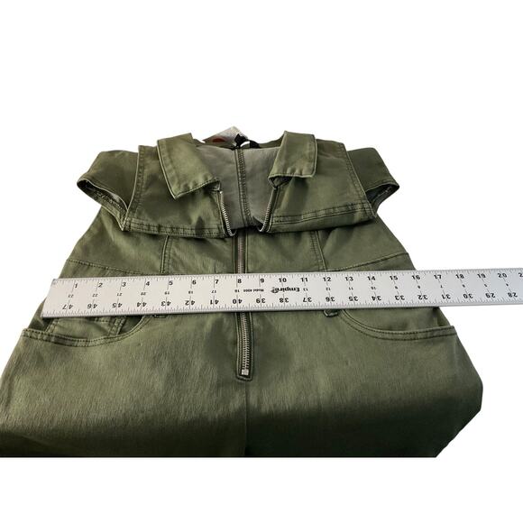 V.I.P. Jeans Jumpsuit Womens XL Olive Green Sleeveless Zip Front Utility Pockets - Picture 9 of 13